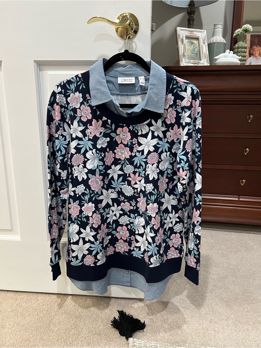 Navy Floral Layered Sweater with Chambray Collar